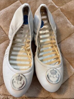 Ralph Lauren White Ballet Flats with Crest Medallion